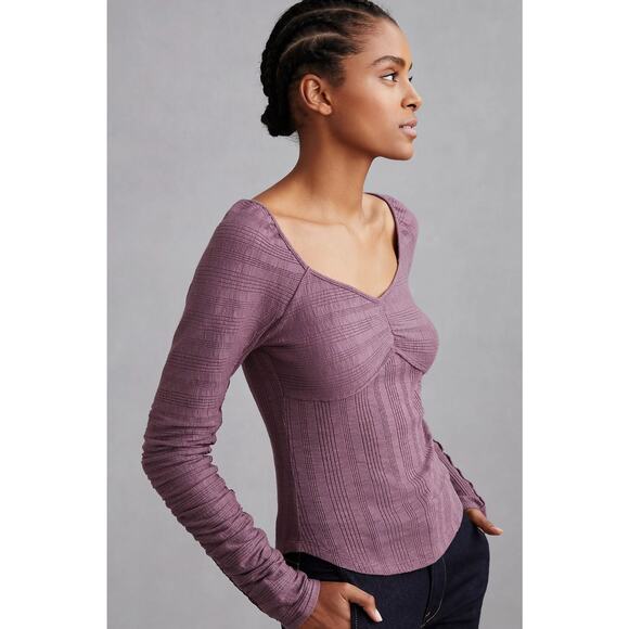 Anthropologie Pilcro‎ Ribbed Ruched-Sleeve Top in Mauve Purple Size M - Picture 12 of 12